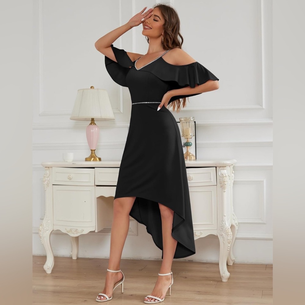 MUADRESS Prom Spaghetti Strap Flutter Sleeve Sparkly Flowy Ruffle Hi-Lo Dress